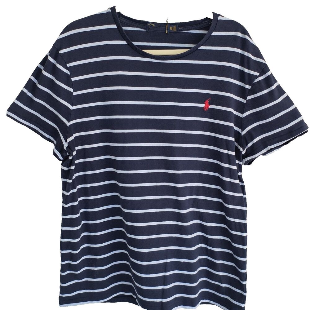 Polo Ralph Lauren Top Womens XL Navy & Light Blue Stripes Red Pony Coastal Tee